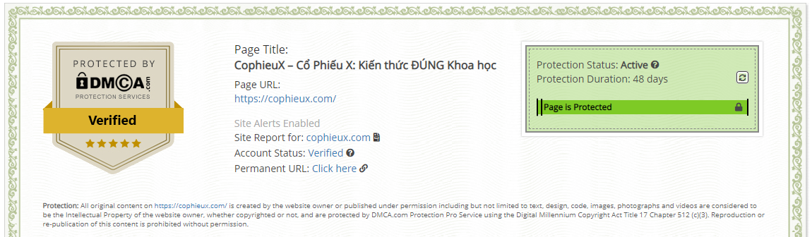 CophieuX - Xác nhận đăng ký DMCA được 48 ngày - Tới thời điểm chụp ảnh